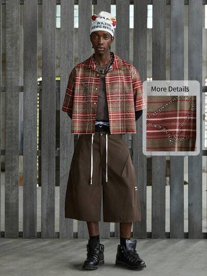 NEON BLANC 男士夏季休闲格子前开襟蜘蛛网水钻装饰短袖衬衫