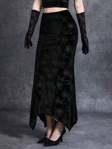 Glisette Chân váy nữ thanh lịch, gợi cảm với họa tiết hoa và gấu váy bất đối xứng. - màu đen - Xem 5