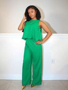 Steph T 優雅的圓領無袖寬鬆下擺短款上衣直筒褲橙色女裝兩件套-C - 綠色 - 查看 6