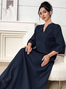 Yasmyna 女士纯色V领休闲派对外出阿拉伯风格连衣裙 - 藏蓝色 - 查看 7