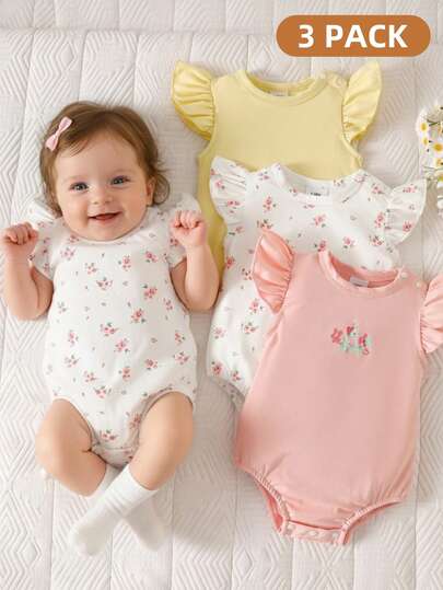 SHEIN 3pcs Newborn Baby Girls' Sweet Floral Ruffled Sleeveless Bodysuits, Summer Outfits