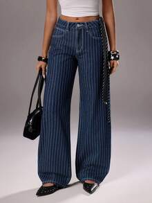 TRNVIE 休闲条纹低腰直筒牛仔裤 - 中等水洗藍 - 查看 8