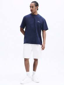 Men Navy Suede Texture Short Sleeve Crew Neck T Shirt With Small Script Logo Casual Relaxed Fit Everyday Wear Summer Spring - Blue - View 3