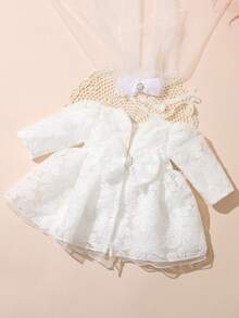 Newborn Photography Dress With Veil Headwear Lace Baptism Gown White Christening Outfit - White - View 2