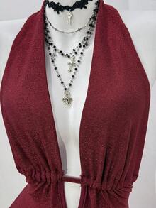 Jeanoix Women's Sexy Solid Color Ruffle Hem Halter Neck Dress - Burgundy - View 4