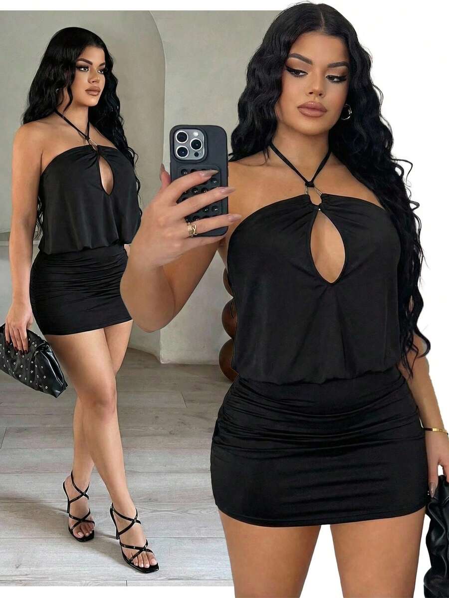 SHEIN SXY 女士纯色露背系带金属装饰镂空褶皱性感约会派对迷你连衣裙 - 黑色 - 查看 1