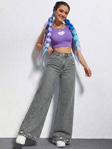 SHEIN EZwear 女士高腰口袋破洞阔腿宽松休闲牛仔裤 - 灰色 - 查看 4