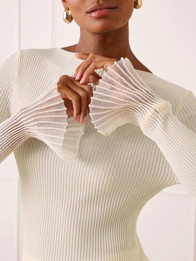 Lilora Women's Elegant Ruffled Sleeve Fitted Sweater And Fish Tail Sweater Skirt Set, Autumn Elegant And Sophisticated New Styles, Suitable For Outings, Commuting, Everyday Casual Wear, Parties, Dates, Gatherings, Outings, Holidays, Vacations, And Holiday Travel.