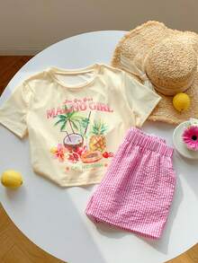2 piezas Conjunto de ropa de casa casual de vacaciones, con motivos de fruta, árbol de coco, piña y de isla, con top de manga corta y shorts cómodos - Multicolor - Ver 3