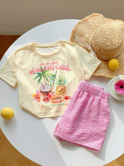 Comfortcana Fruit, Coconut Tree, Pineapple, Island Motif  YELLOW Graphic,Comfortable Short Sleeve Top And  Pink Stripe Shorts  Sets  Vacation Casual Homewear 2026 New Arrival Spring/Summer Fashionable  Summer Outfits For Women  Beach Outfit Going Out Vacation Outfits Women Casual Bottoms For Women Y2K  2000s Style   Summer Outfits For Women Spring Spring Break Outfits  Spring Clothes Women  Vacation Graduation  Women  Wedding   Party  Ceremony  Elegant  Vacation Outfits Women Beach Vacation Outfits For Women  Casual Casual Women's Bottoms  For Women , Valentine's Day, Carnival, Beach, Holiday, Home Leisure,  American  Casual Summer Clothes Set Girls Summer Outfit Cropped T-Shirt And Shorts Set Tropical Print Shirt Pink Striped Shorts Summer Two Piece Set Summer Lounge Set Cute Summer Sets Picnic Outfit Women Cute Vacation Tops