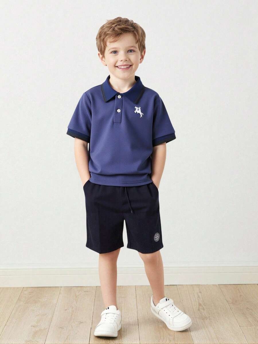 SHEIN Young Boy Summer Casual Sports Daily Commute Embroidered Short Sleeve Polo Shirt - Navy Blue - View 1