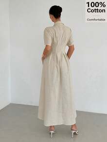 Siren Gaze Robe longue fendue pour femme en 100 % coton, col V, boucle métallique à la taille, style français élégant, beige, plissée, coupe trapèze, manches courtes, pour l'été, les vacances et les fêtes - Nude - Voir 3