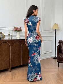 EastFlair 女士花卉与龙印花修身优雅中国风连衣裙 - 藍色 - 查看 2