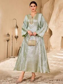 Al Najma Áo choàng dài nữ lấp lánh thêu đính cườm, kiểu dáng rộng rãi, tôn dáng, thích hợp cho tiệc tùng và các dịp trang trọng. - màu xanh lá - Xem 4