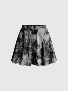 ROMWE Grunge Punk Chân váy mùa hè dành cho nữ in hình mèo con 3D dễ thương, gợi cảm, phong cách anime. - màu đen - Xem 1