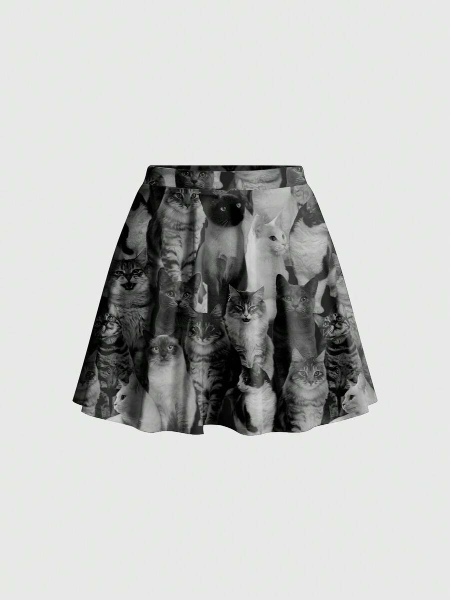 ROMWE Grunge Punk Chân váy mùa hè dành cho nữ in hình mèo con 3D dễ thương, gợi cảm, phong cách anime. - màu đen - Xem 1