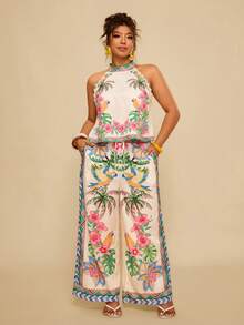 Travachic 2件套加大码碎花夏季立领无袖蕾丝边上衣和裤子套装 女装夏季服装 女装夏季套装 - 杏色 - 查看 3