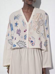 Aveloria Modichic 女士V领海星贝壳印花长袖上衣和裙子套装，适合海滩度假、春夏休闲、聚会和轻松外出。 - 彩色 - 查看 5