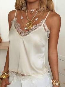 SHEIN EZwear 女士优雅纯色蕾丝拼接吊带背心，夏季必备 - 米色 - 查看 7