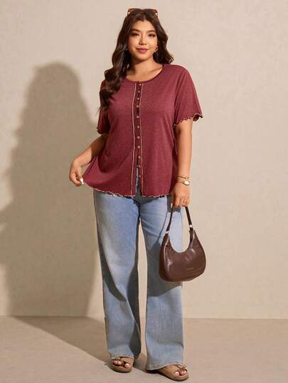 Elaquor T-shirt met ronde hals, korte mouwen, enkele rij knopen, casual en losvallend model voor dames in grote maten