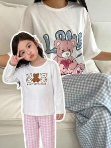 SHEIN Genkimix Kids 两件套女童睡衣套装，长袖上衣印有三只小熊图案，搭配粉色格子长裤，可爱休闲舒适的儿童家居服，萌熊图案也可外出穿着。 - 彩色 - 查看 8