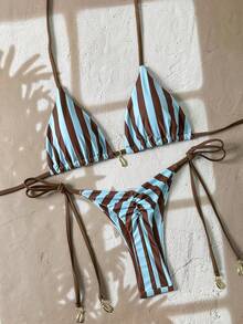 Swim Mod 春假撞色条纹比基尼套装性感泳装两件式泳衣女士泳衣两件式条纹比基尼两件式沙滩套装泳衣两件式蓝色条纹比基尼性感比基尼套装女士两件式套装泳衣沙滩两件式套装女士比基尼套装女士沙滩装女士夏季装两件式女士泳衣两件式 - 彩色 - 查看 5