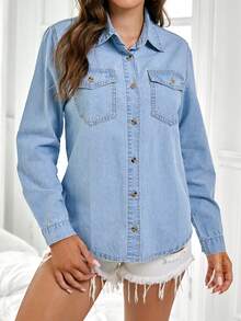 Selenza 大码女式翻领单排扣休闲百搭日常长袖牛仔衬衫 - 藍色 - 查看 9