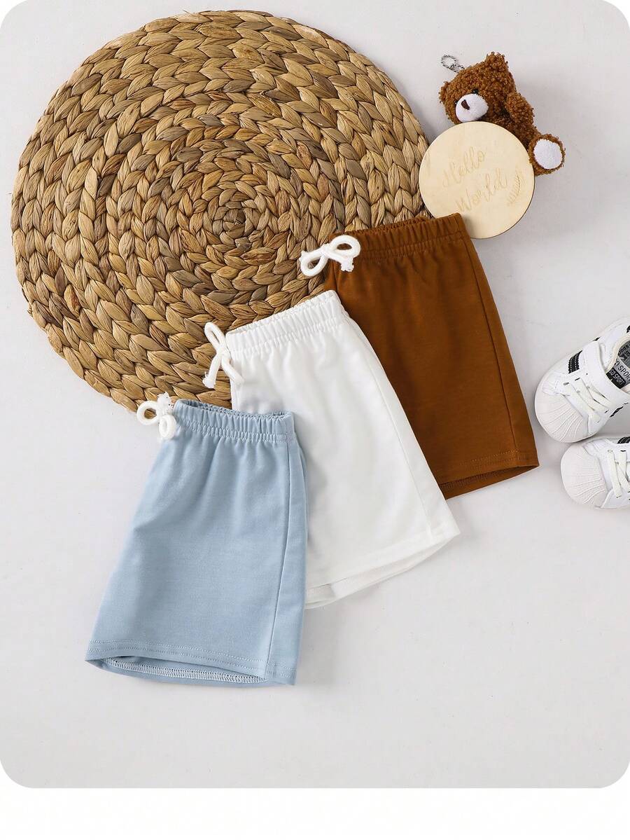 3pcs Baby Boy/Girl Elastic Waist Sports Shorts Set With Decorative Ribbon,Kids - Multicolor - View 1