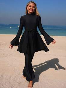 Swim Mulvari Spring/Summer Black Knit Fabric Waist Tie Twist Turtleneck Long Flare Sleeve Ruffle Hem Top & Flare Pants Muslim Style Women 2-Piece Set - Black - View 1