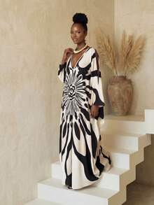 BamGlimmer Spring New Design, Large Silhouette, Floral Print, Loose V-Neck, Long Dress For Women. Fashionable For A Vacation, Romantic And Lively For A Holiday Party Or Gathering. Kimono Dress Butterfly Abaya African Dresses For Women Caftan Dress Kaftans For Women - Multicolor - View 5