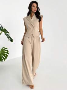 Firerie Quần ống rộng nữ thanh lịch mùa hè, kiểu dáng tối giản, thoải mái, màu cà phê, chất liệu vải lanh, chất liệu tre, thắt nút. - trắng - Xem 3