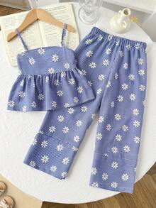 SHEIN Young Girls Blue Daisy Plaid Camisole & Shorts 2pcs Set, Casual Fashion Daily Wear - Blue - View 2