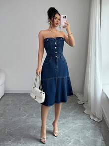 Elenzga Women's Casual Strapless Denim Dress For Summer - Dark Wash - View 1