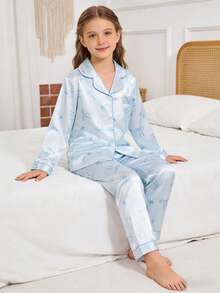 2pcs Tween Girls Cute Bow Print Lapel Cardigan Long Sleeve Top And Casual Pants Pajama Set Girls Pajama Set Fall Winter - Blue - View 3