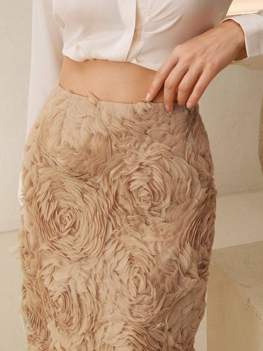 Anewsta Women's Elegant 3D Floral Skirt - Khaki - View 1