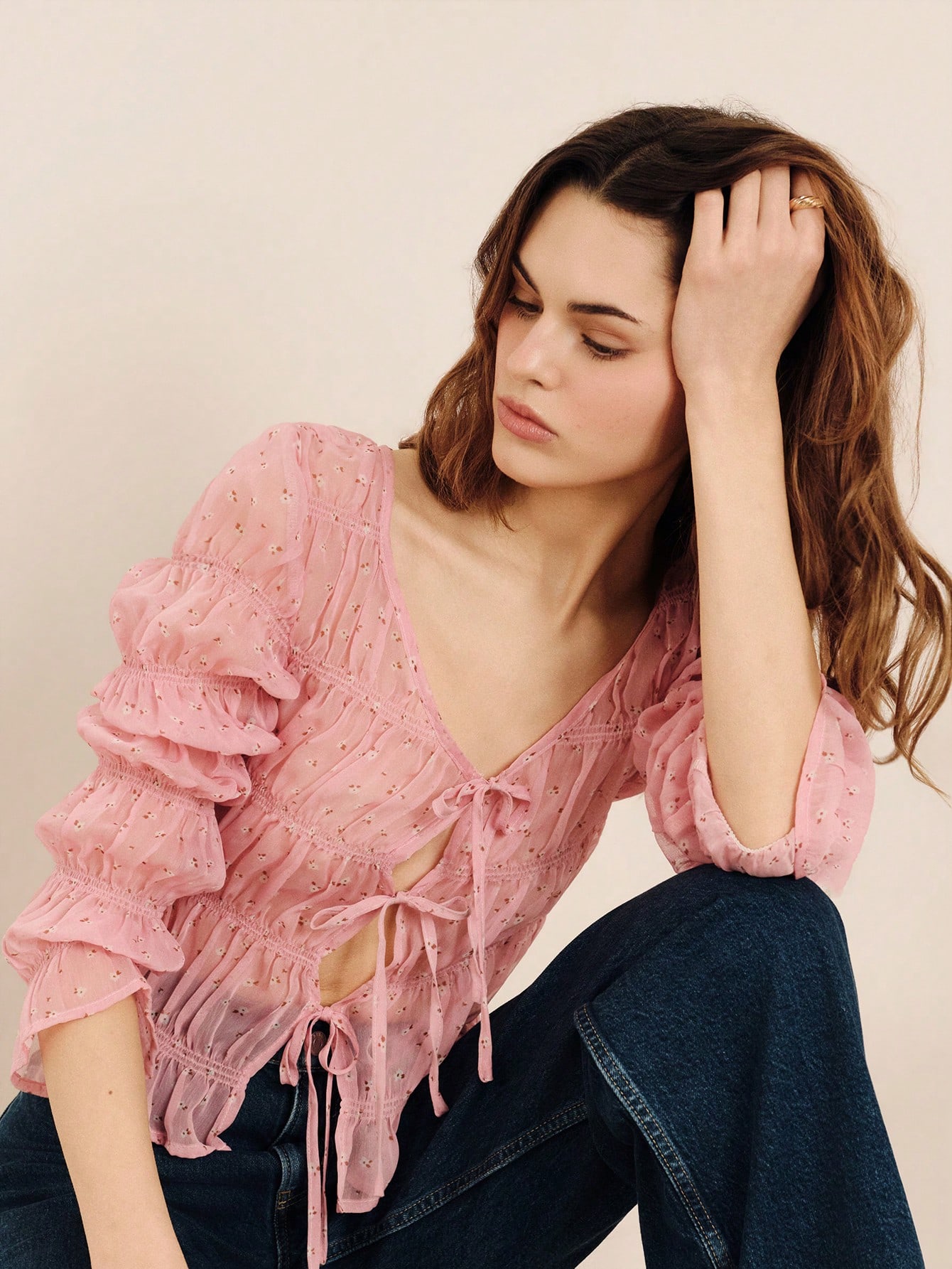 Frill Long Sleeve Top With V-Neckline, Front Opening With Tie Detailing