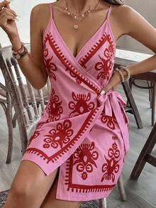 SHEIN VCAY 大码女式印花系带吊带连衣裙，度假风 - 粉色 - 查看 5