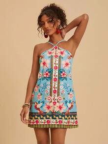 Travachic Vestido mini casual de vacaciones con estampado floral y cuello halter para mujer - Multicolor - Ver 6