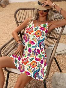 SHEIN LUNE 大码花卉印花休闲简约吊带连衣裙，适合夏季度假 - 黃色 - 查看 5