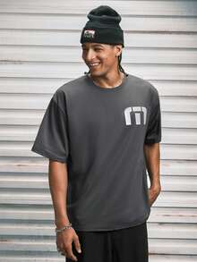 Modcrash WHITE SHARK 男士休闲时尚街头印花宽松轻薄短袖T恤，夏季 - 深灰色 - 查看 1