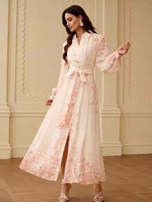 ZEYLAH Vestido camisero elegante de manga larga con estampado floral para mujer - Albaricoque - Ver 4