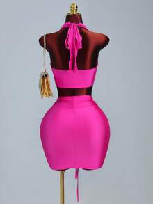 Lureya 2pcs Women's Fuchsia Pink Summer Halter Bikini Top With Metal Buckle,Ruched Drawstring Waist Bodycon Mini Skirt Set For Club Night,Rave Party Outfit - Hot Pink - View 2