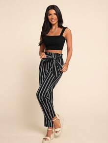 Coeurva Frill Trim Strap Cami Top & Paperbag Waist Striped Trousers Set - Black - View 1