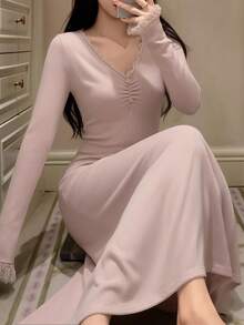 DAZY Charming Lace Patchwork Ruched Waist Dress, Spring Women's Loungewear Dress - Pink - View 1