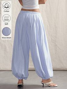 SHEIN ICON Pantalones holgados de mujer con estampado de rayas, cintura con cordón, apropiados para ir al trabajo y de vacaciones - Azul y blanco - Ver 2