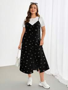 Plus-Size Women's Smart Casual Everyday Summer Two Pieces Set: White Short-Sleeved Top & Black Floral Print Suspender Midi Dress With Slit,Vacation - Black and White - View 5
