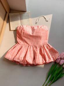 Comfortcana Women's Fashion Bud Hem Plaid Bandeau Top In Bright Orange - Burnt Orange - View 1