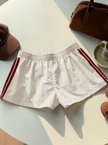 Comfortcana Quần short nữ dáng rộng kẻ sọc, cạp chun, thích hợp cho mùa xuân, hè, Giáng sinh, năm mới, thể thao ngoài trời thường ngày, quần short màu mơ phong cách Y2K. - Màu be - Xem 3