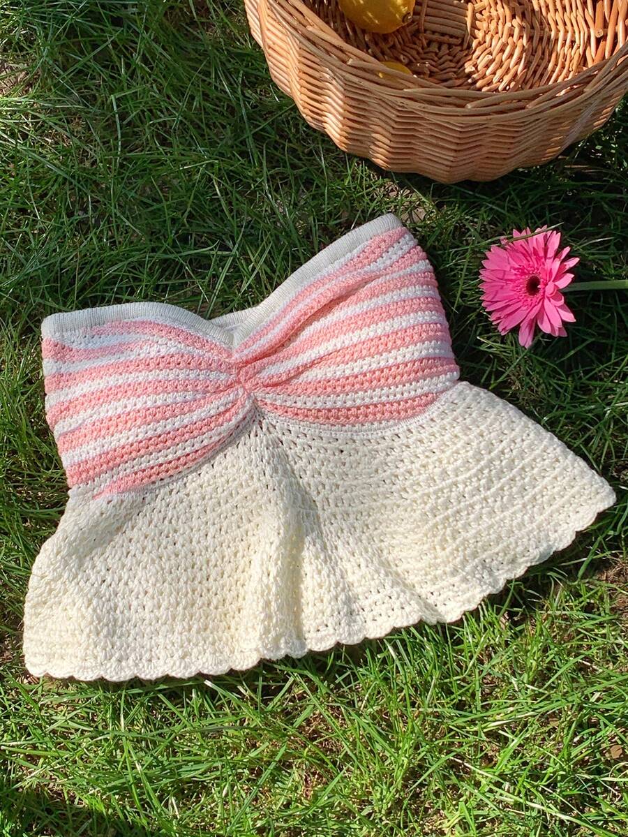 Comfortcana 女士夏季度假条纹褶皱抹胸针织上衣 - 彩色 - 查看 1