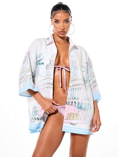 SUMWON WOMEN Women's Oversized Button-Up Beach Shirt With Miami Tropical Print Short Sleeves Collared Resort Vacation Cover-Up